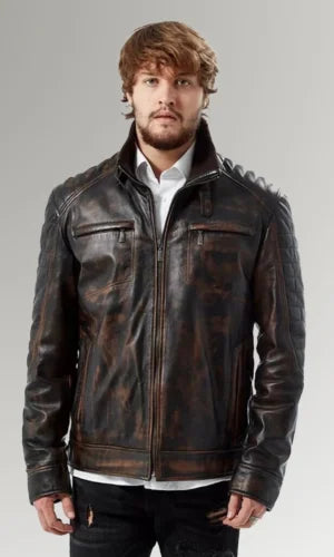 Men's Dark Brown Waxed Quilted Vintage Leather Jacket