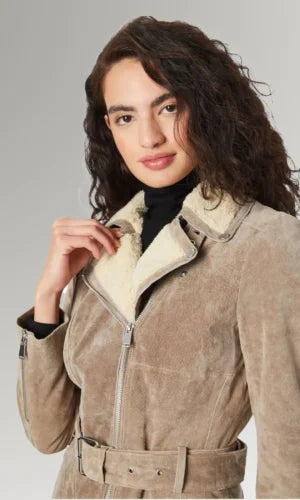 Dull Yellowy-Brown Suede Real Fur Collar Leather Coat