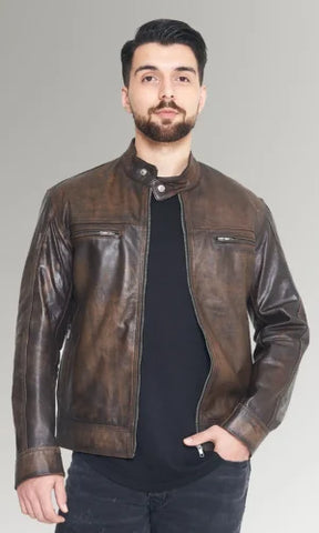 Men's Distressed Cafe Racer Leather Jacket