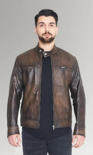 Men's Distressed Cafe Racer Leather Jacket