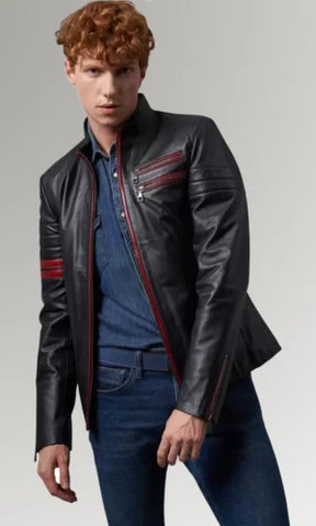 Men's Black Red Stripes Motorcycle Leather Jacket