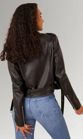 Women's Black waist Belted Leather Jacket