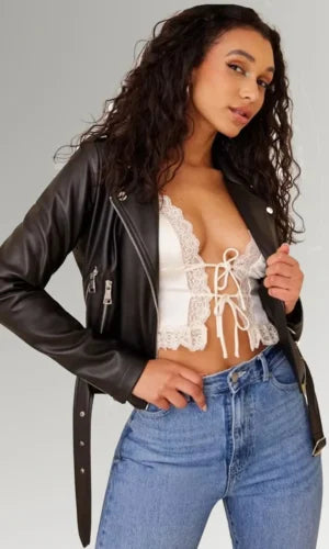 Women's Black waist Belted Leather Jacket