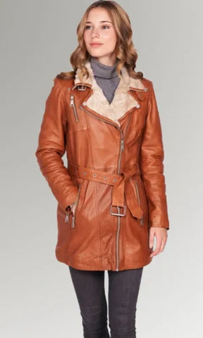 Mid-Length Brown Belted Leather Coat