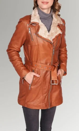 Mid-Length Brown Belted Leather Coat