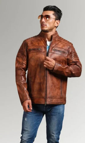 Men's Motorcycle brown Cafe Racer Waxed Leather Jacket