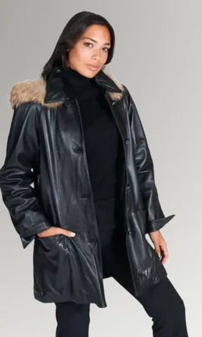 Women's Fur Hooded Collar Leather Trench Coat