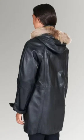 Women's Fur Hooded Collar Leather Trench Coat