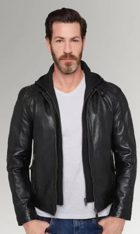 Men's Black Leather Hooded Jacket