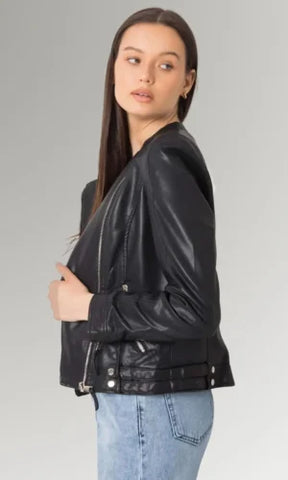 Women's Black Side Belted Biker Leather Jacket