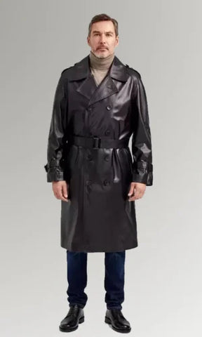 Black Belted Buttoned Leather Blazers Trench Coat For Men's