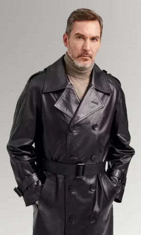 Black Belted Buttoned Leather Blazers Trench Coat For Men's