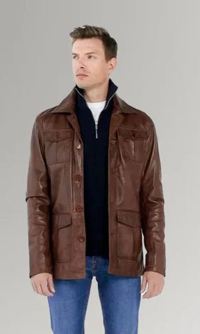 Men's Brown Genuine lambskin Leather buttoned Blazer Coat