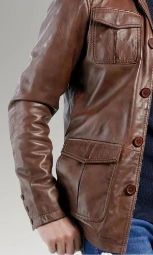 Men's Brown Genuine lambskin Leather buttoned Blazer Coat