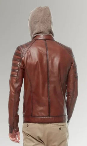 Zipper Hooded Versatile Waxed Leather Jacket