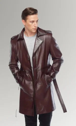 Vintage Waist Belted Waxed Leather Trench Coat
