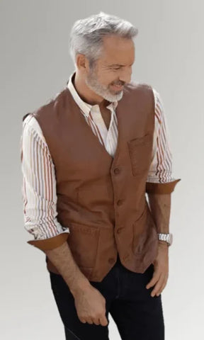 Men's Classic Brown Leather Buttoned Vest