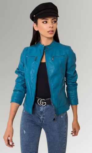 Women's Blue Cafe Ricer Leather Jacket 