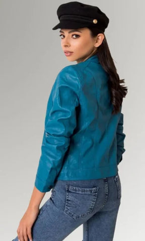 Women's Blue Cafe Ricer Leather Jacket