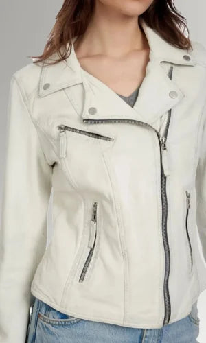 Women's White Streamlined Biker Leather Jacket
