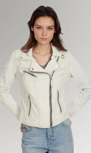 Women's White Streamlined Biker Leather Jacket