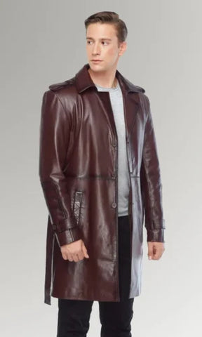 Maroon Lambskin Waxed Leather Trench Coat