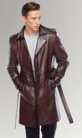 Maroon Lambskin Waxed Leather Trench Coat