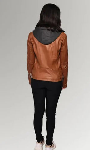 women's Camel Hooded Fashion Leather Jacket