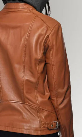 women's Camel Hooded Fashion Leather Jacket