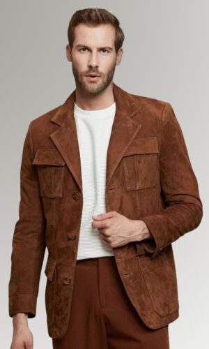 Suede Leather Buttoned Blazer For Men