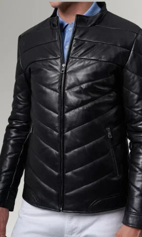 Men's Classic Slim Fit Puffer Leather Jacket