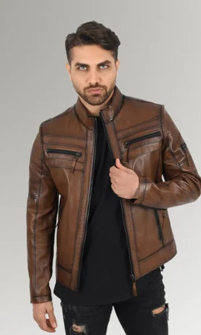 Men's Brown Waxed Biker Leather Jacket