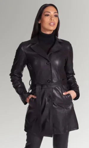 Women's Black Hip-Length Leather Trench Coat 