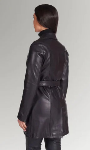 Women's Black Hip-Length Leather Trench Coat