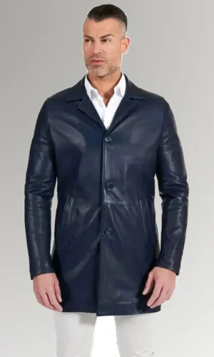 Men's Blue Blazer Style Leather Coat