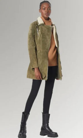 Green Women's Suede Waist Belted Leather Long Coat