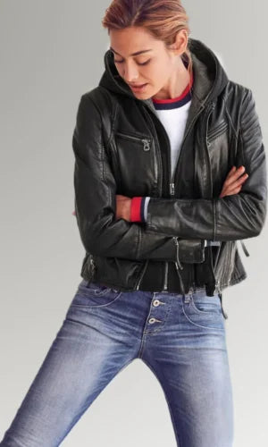 Women's Black Hooded Leather Jacket