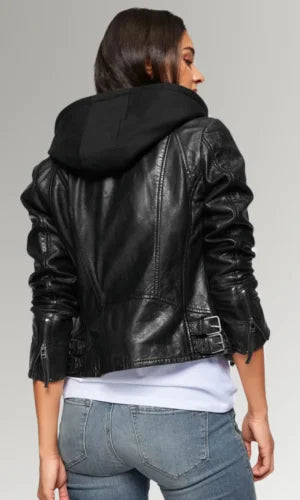 Women's Black Hooded Leather Jacket