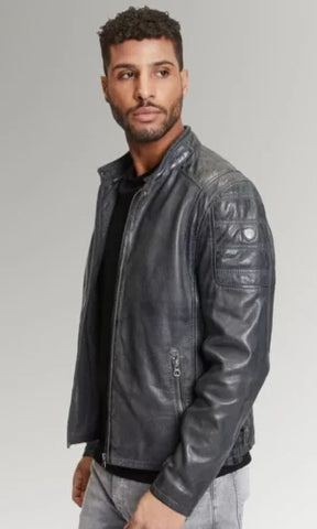 Men's Grey Zipper DE Attachable Hooded Leather Jacket