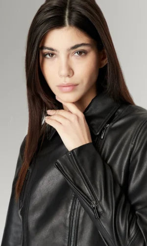 Women's Black Cafe Racer Fashionable Leather Jacket