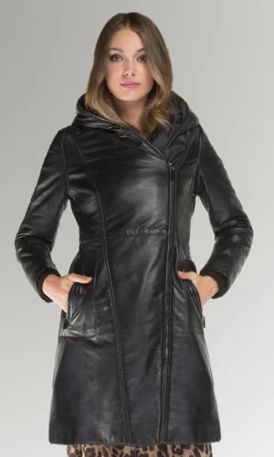 Women's Black Hood Leather Trench Coat