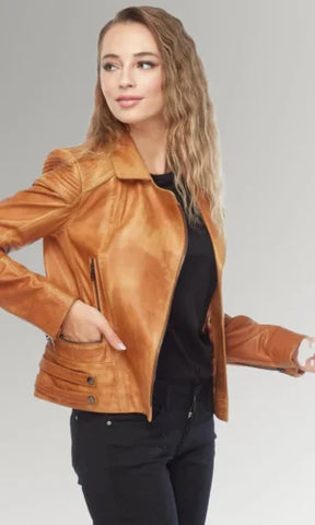 Women's Tan Biker Vintage Leather Jacket