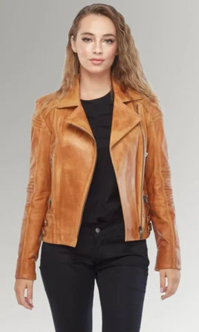 Women's Tan Biker Vintage Leather Jacket