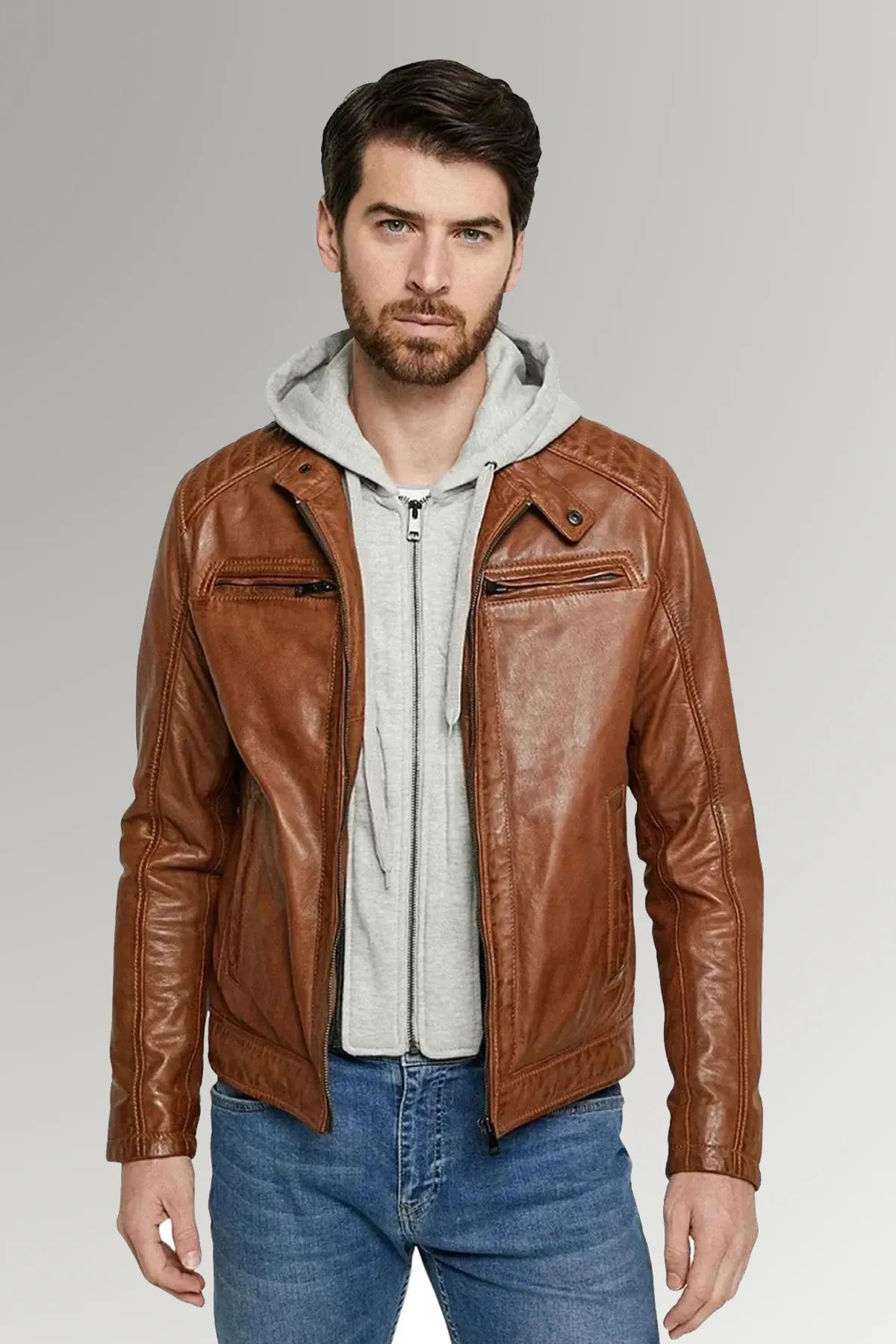 Men's Brown Hooded Motorcycle Leather Jacket