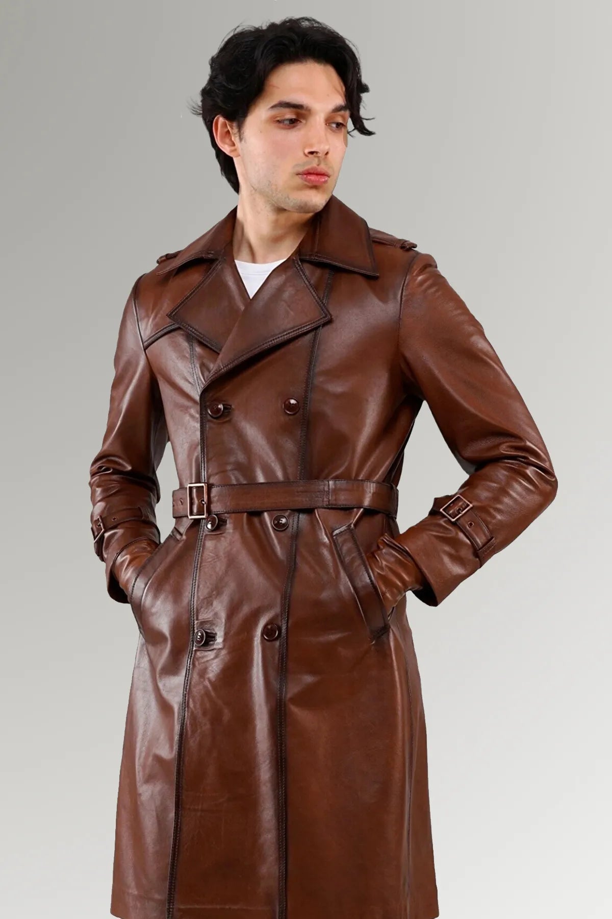 Brown Genuine Belted Leather Blazer Trench Coat