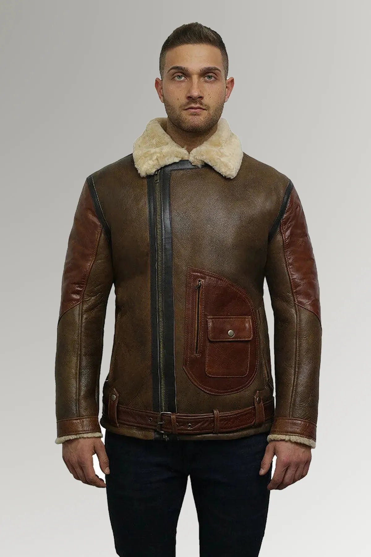 Men’s Dark Brown Real Shearling Belted Leather Jacket