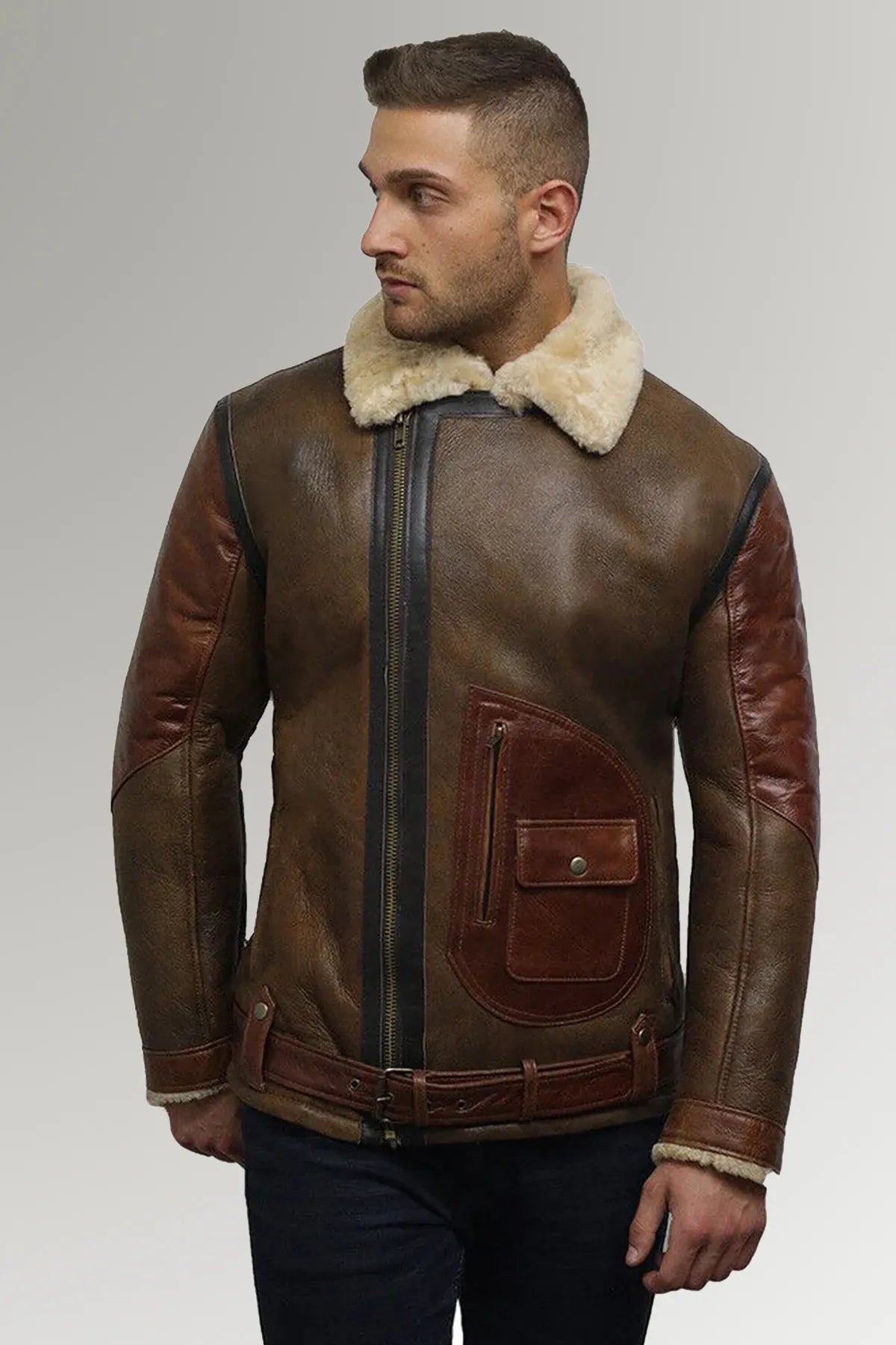 Men’s Dark Brown Real Shearling Belted Leather Jacket