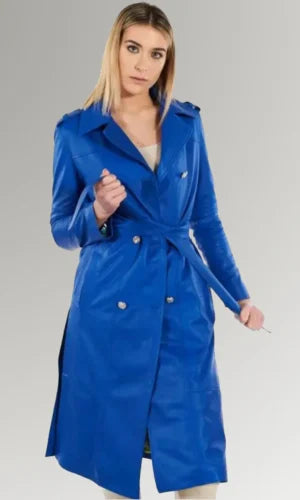 Women's Blue Double Breasted Leather Trench Coat