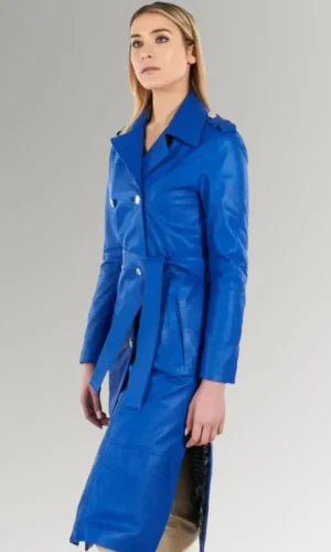 Women's Blue Double Breasted Leather Trench Coat