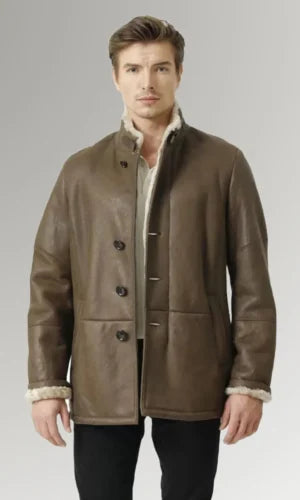 Men Leather Buttoned Mid Length Coat